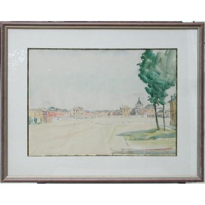 Louis Edouard Toulet "le Chateau De Versailles" Watercolor 37x49